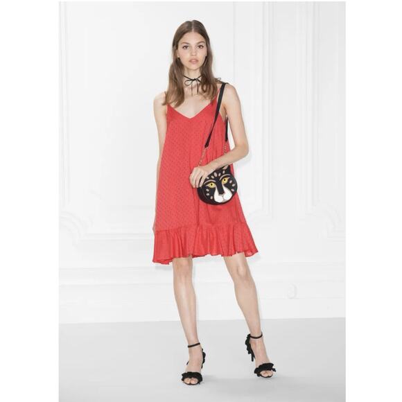 & Other Stories Dresses & Skirts - & Other Stories Plumeti Mini Dress Womens Size 6 Red Strappy Flocked Flounce Hem